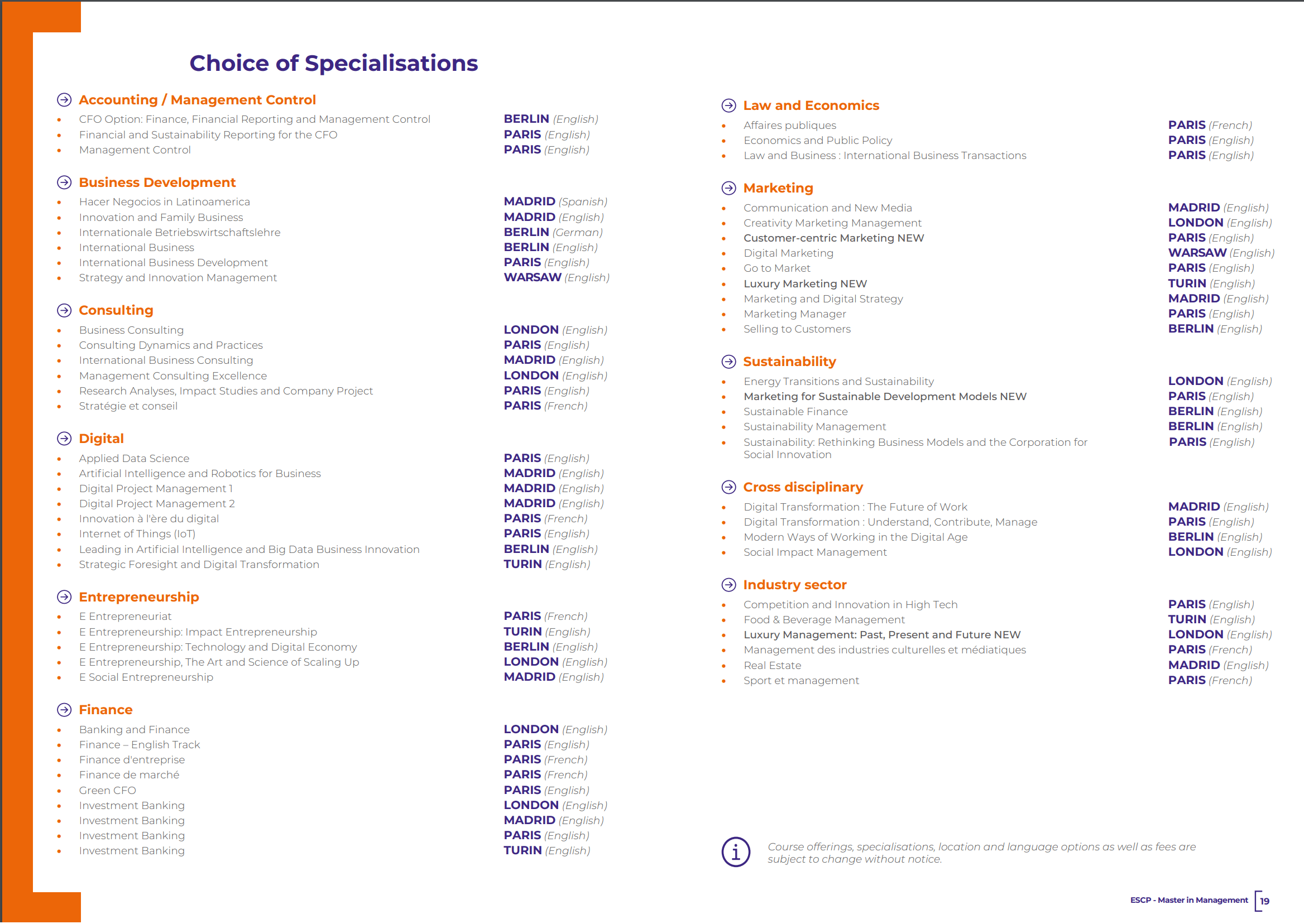 spécialisations à l'ESCP